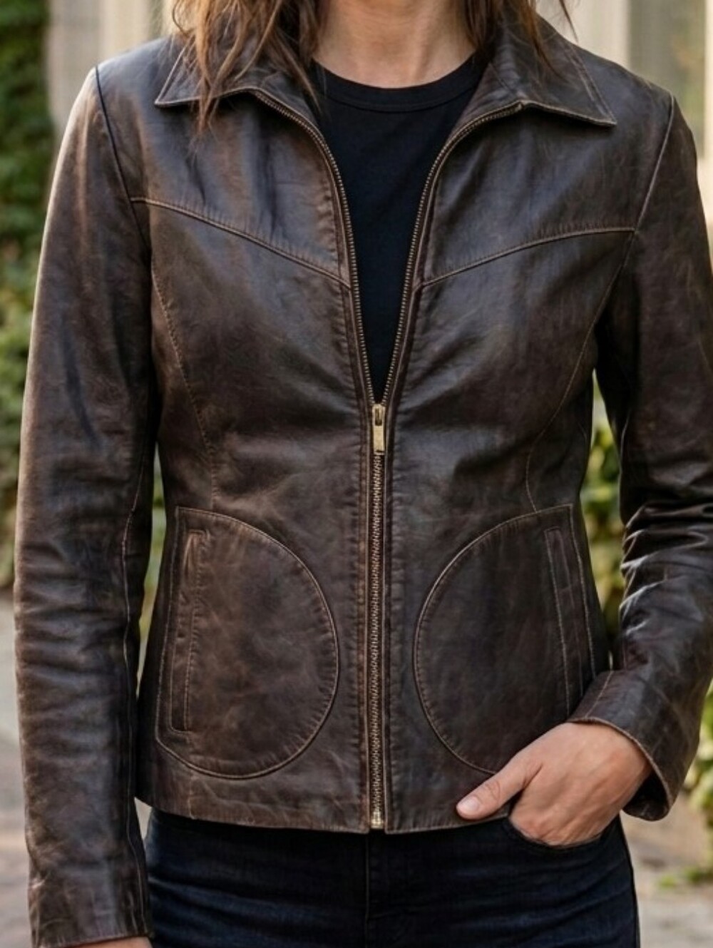 [[WL]] Women's Brown Leather Zip-Front Jacket